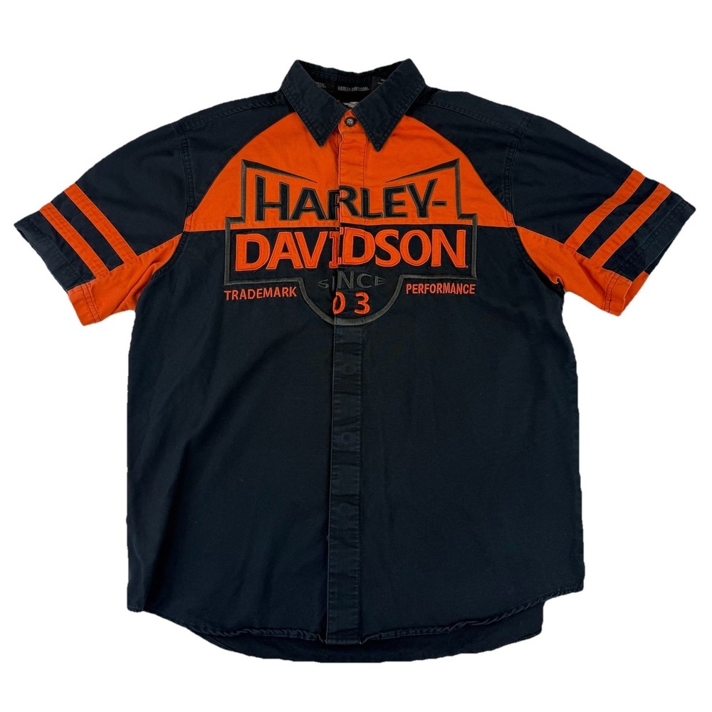 Harley Davidson Mechanic Shirt Black Short Sleeve Button Up Workwear Embroidered